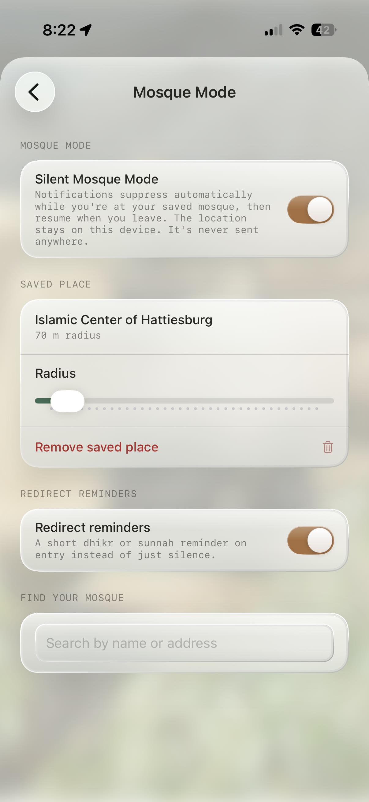 Mosque Mode: auto-silence at your saved masjid