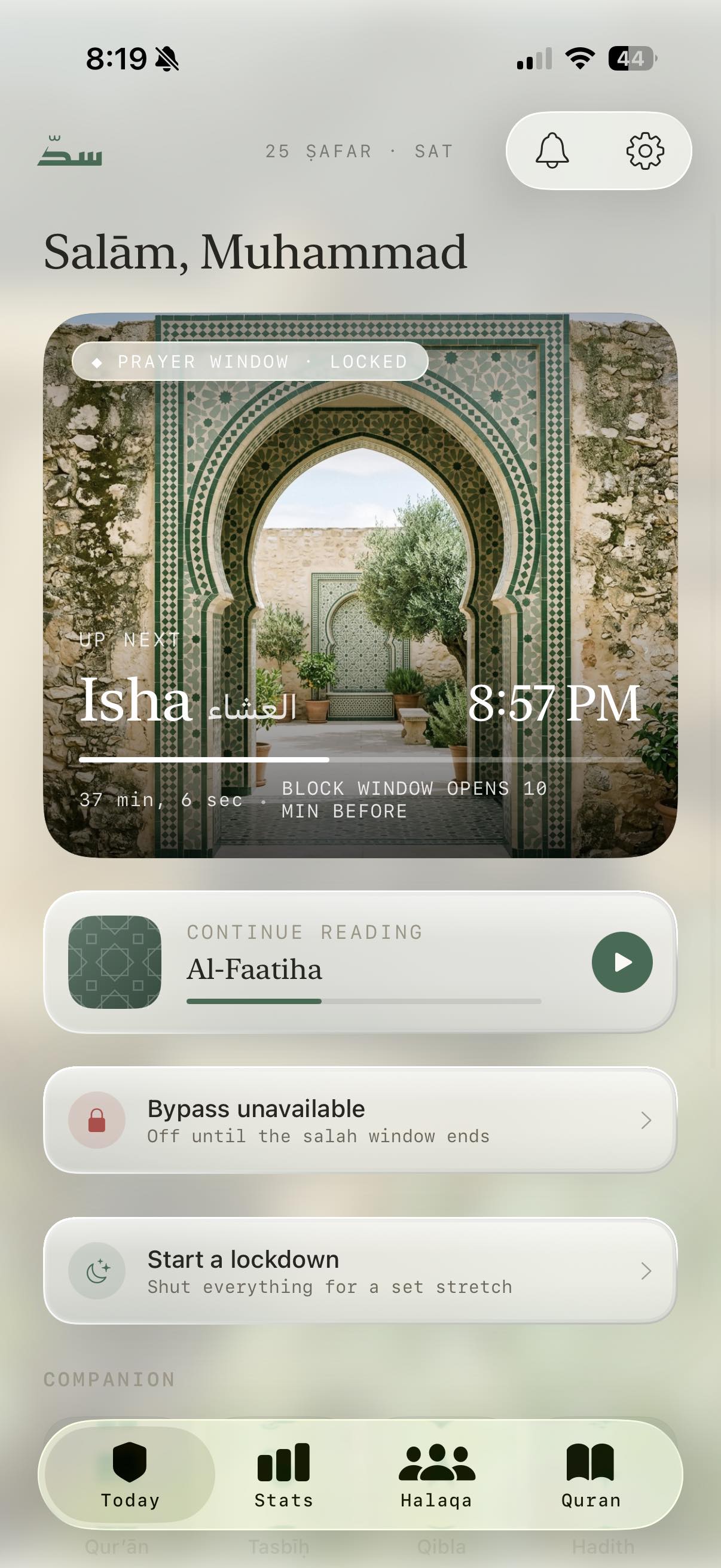 Sadd home: the prayer window locked ahead of Isha
